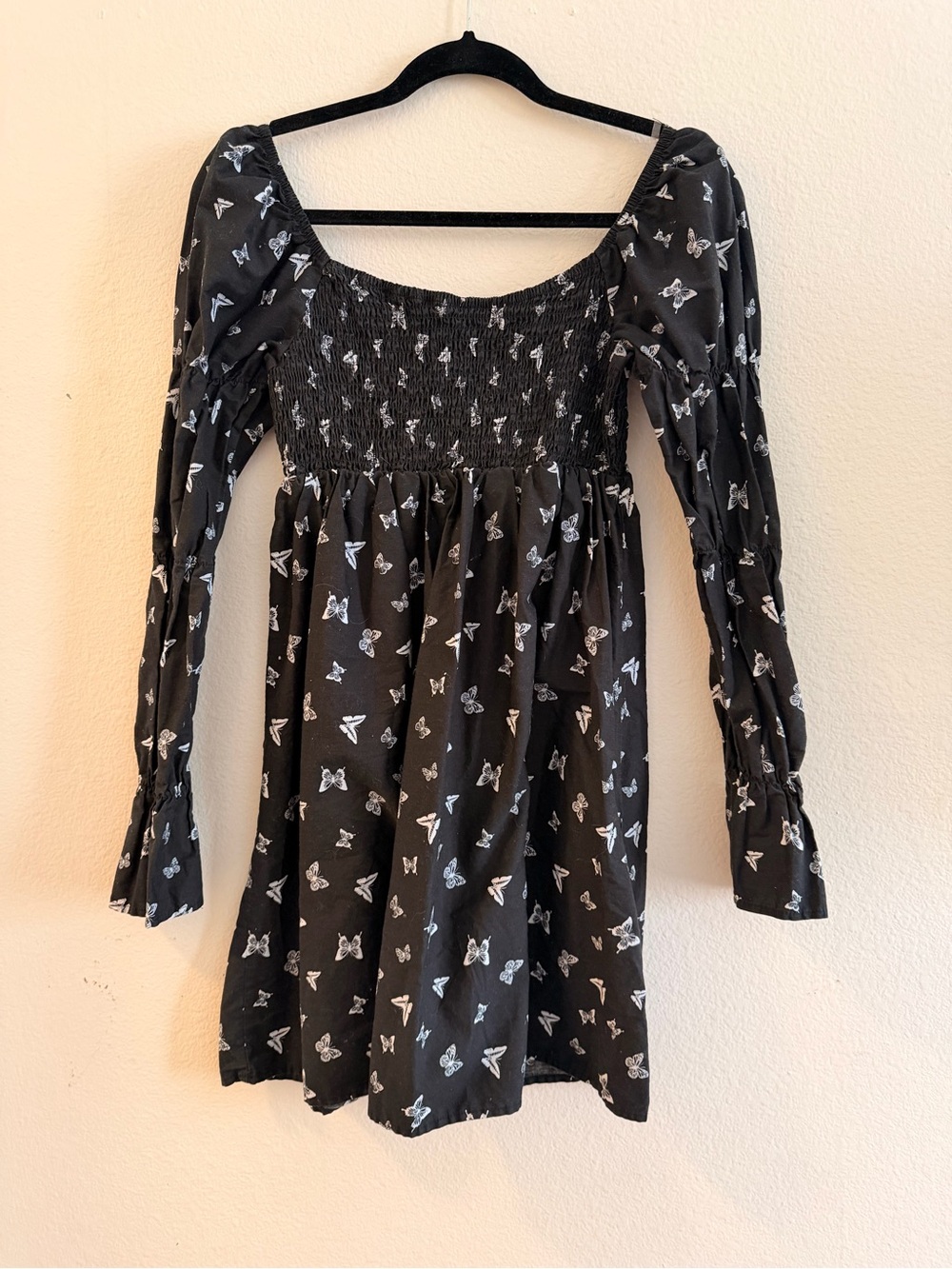 Target Black Long Sleeve Butterfly Print Smocked Mini Dress, Size Medium